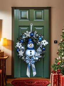 1 Stück blau-weiße Schneemann & Schneeflocke Weihnachtskranz, festlicher Weihnachtsstil künstlicher Grünkranz mit blauer Ornamentkugel & Schleifen-Detail, Türkranz Dekoration für Weihnachten Zuhause, Feiertags-Party Ornament, Winter Saison Dekoration