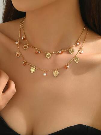 1pc Sexy Fashion Bohemian Multi-Color Corn Chain Necklace, New Added Faux Pearl Heart Pendant Necklace, Multi-Heart Double Layer Necklace, Multi-Color Resin Block With CCB Gold Chain Necklace, Four-Leaf Five-Leaf Clover Shaped Silver Chain Necklace, Imitation Turquoise Bead & Glass Bead 3-Layer Necklace, Rhinestone Decorated Gold Chain Double Layer Necklace, Minimalist Luxury Suitable For Any Outfit, Ideal For Women Daily Wear, Valentine's Day, Thanksgiving, Gifts For Friends