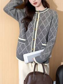 Alicedudu 女式复古风格休闲宽松针织开衫，菱形图案，秋冬 - 灰色 - 查看 4