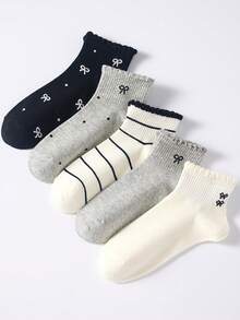5 pares de calcetines de media caña para mujer con estampado floral y de lazo, aptos para todas las estaciones, colores aleatorios - Multicolor - Ver 4