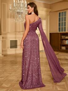 UNITHORSE 亮片缀饰不对称肩部开衩袖连衣裙 - 藕粉色 - 查看 2