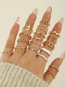 22/21pcs Heart-Shaped Fashion Rings, Minimalist Crystal Embedded Bohemian Geometric Ring Set, Gift For Valentine's Day, Mother's Day - Silver - View 3