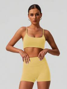 Sodalemon Women 2Pcs Fitness Sets Backless Padded Sport Bra No Front Seam Outdoor Cycling Shorts Elastic Gym Training Sport Set - Màu vàng - Xem 10