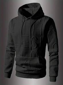 男士秋冬新款字母提花卫衣，时尚休闲套头衫，纯色长袖上衣 - 黑色 - 查看 1