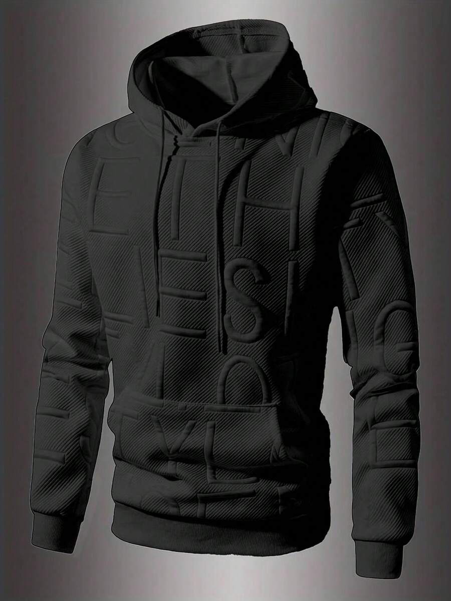 Men's Autumn/Winter New Letter Jacquard Sweatshirt, Fashionable Casual Pullover, Solid Color Long Sleeve Top - Black - View 1