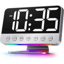 - Reloj despertador digital de gran nmero para recmara, puerto de cargador, luz nocturna de 8 colores, atenuador de 5 niveles, volumen de alarma ajustable, repeticin, memoria de apagado, - Plata - Dígitos blancos - Ver 2