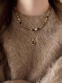 1pc/Set Vintage Elegant Multi-Layer Tiger Eye Stone Pendant Necklace, Women's Double-Layer Clavicle Chain Jewelry Set, Women's Daily Party Accessory, Fashion Jewelry, Best Friend Gift (Beads Arrangement Is Random)