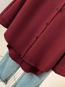 女士基本款纯色衬衫，缺口翻领长袖衬衫，正面带纽扣，百搭办公室和家居上衣，适合秋冬春季 - 酒紅色 - 查看 8