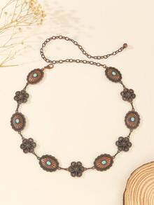 سلسلة خصر معدنية بنمط زهري بيضاوي مزيف باللون الفضي، حزام خصر متعدد الاستخدامات، ديكور للفساتين والبناطيل وفساتين الشاطئ البوهيمية، إكسسوار خصر أساسي