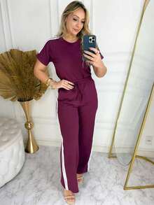 Side Stripe Set With Round Neck T-Shirt And Wide Leg Pants With Pockets And Drawstring, In Premium Viscose Knit - Women's 2-Piece Set, Wide Leg Pants, Short Sleeve Blouse, Cotton, Casual, Burgundy - Màu Tím - Xem 3