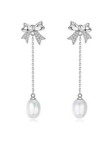 1 套奢华 S925 纯银蝴蝶结养殖珍珠和立方氧化锆项链和耳环套装，情人节、派对、日常佩戴的优雅珠宝礼物，配有精致礼品盒