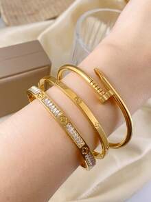3pcs/1pc Fashion 18K Gold Plated Stainless Steel Four-Leaf Clover Nail Bracelet, Suitable For Women's Party, Daily Wear, European And American Style, Personalized, Generous, Luxury Cubic Zirconia Wristband, Wedding Jewelry Set, Gift For Girls, Women, Relatives, Friends, Beautiful Wedding, Birthday, Valentine's Day