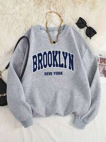 Sudadera femenina urbana BROOKLYN NEW YORK tejido suave holgada cuello redondo manga larga otoño invierno uso diario sudadera - Gris - Ver 1