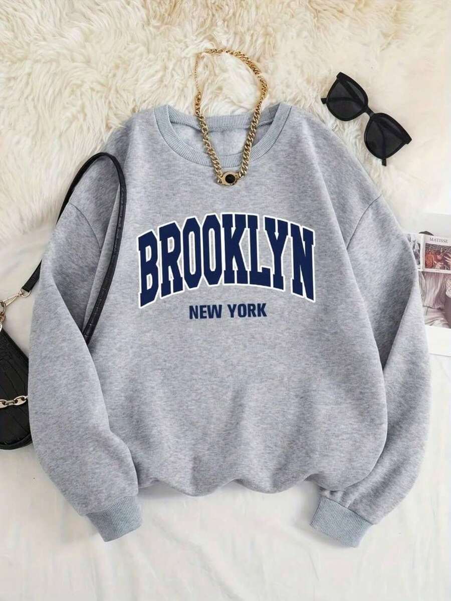 Sudadera femenina urbana BROOKLYN NEW YORK tejido suave holgada cuello redondo manga larga otoño invierno uso diario sudadera - Gris - Ver 1