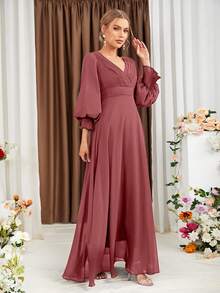 UNITHORSE Pleated Lantern Sleeve Waist Cinched Chiffon Bridesmaid Dress - Redwood - View 6