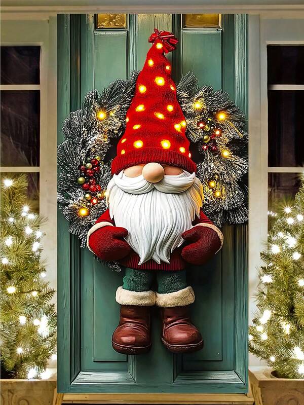 1PC Red Lighted Gnome & Snowy Pine Christmas Wreath, Festive Christmas Style Artificial Greenery Wreath With LED Lights & Red Berries Detail, Hanging Front Door Decoration For Christmas Home Decor, Holiday Party Ornament, Winter Seasonal Decor