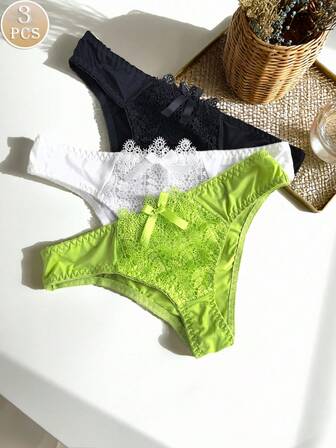 3pcs Women's Panties Set, Patchwork Solid Color Sexy Lace Trim Bikini Briefs With Bow