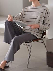 AICJ 2pcs Men's Casual Loose Striped Crew Neck Long Sleeve Pullover Top And Long Pants Pajama Set, Suitable For Party, Home, Travel, Spring, Autumn, Winter, Fall Clothes