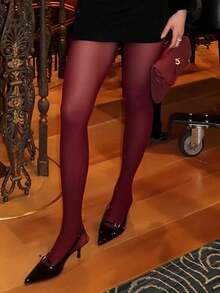 1pc Fashionable And Versatile Solid Color Footless Tights For Dress, For Christmas Gift - 酒紅色 - 查看 4