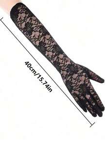 1Pair Black Lace Gloves, Elegant Tea Party Gloves, Women's Long Lace Mittens Gloves, Bridal Wedding Hand Decoration, Suitable Bachelorette Party And Wedding Decorative Gloves - 黑色 - 查看 6