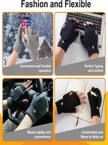 3 双装男女通用冬季露指手套 - 带翻边的羊毛半指手套，保暖针织，御寒保暖