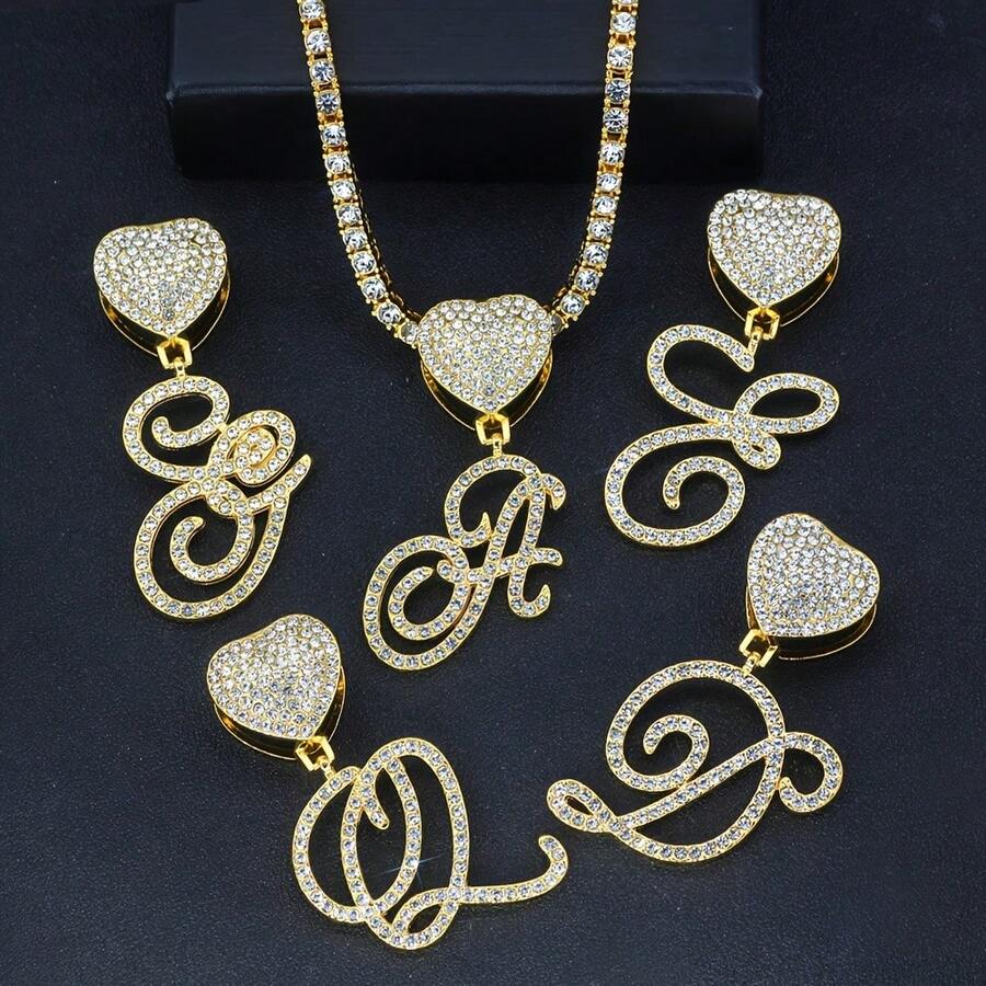 1 Set Women's Elegant Heart & Letter Pendant Necklace With Single Row Rhinestones, Matching Single Row Rhinestone Bracelet, Suitable For Daily Wear, Parties And Events, Versatile Jewelry Set - Fashionable Heart Letter Pendant Necklace - View 1