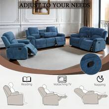 Reclining Living Room Furniture Set, Linen Fabric Recliner Couch Set, Manual Reclining Sofa And Loveseat With Recliner Chair Blue, Sofa+Loveseat+Chair