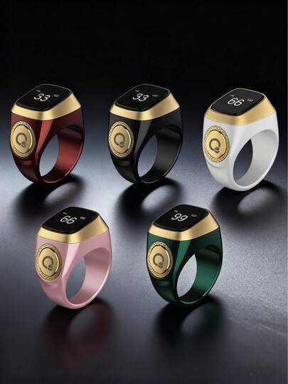 五合一智能祈祷戒指，计数戒指，念珠，手表戒指，5种时间提醒，方向指引，USB充电，电池续航时间长，OLED显示屏，适用于祈祷计数、节日礼物等。