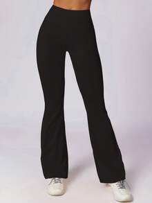 Women's Solid Color Butt Lifting Tight Pants, High Waist Fitness Leggings, Flared Sports Leggings - Black - View 3