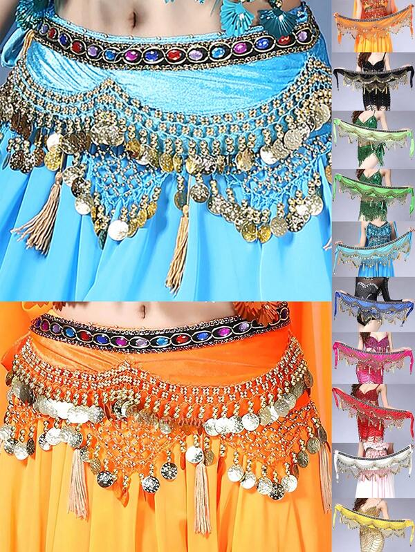 Eșarfă de șold pentru dans oriental pentru femei cu strasuri colorate, monede de aur stratificate și lanț de talie decorat cu ciucuri - Disponibil în mai multe culori