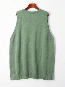 大码秋冬大码时尚休闲纯色V领单扣口袋设计开衫中长款毛衣背心适合户外旅游游玩拍照穿着早午餐服装女 - 綠色 - 查看 6