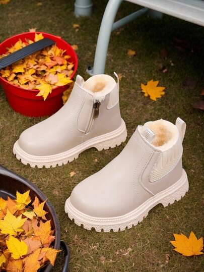 Children's Winter Warm Lined Boots, Simple British Style Side Zipper Boys & Girls Thick Sole Ankle Boots