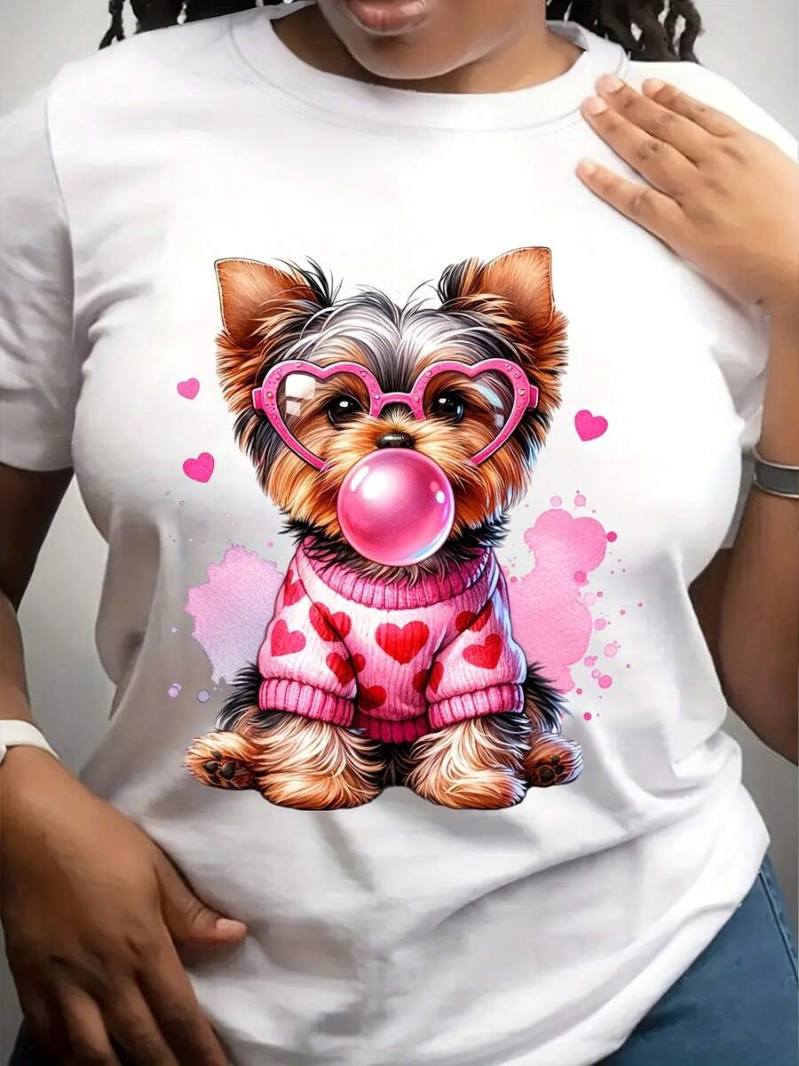 Cute Yorkie Dog With Heart Glasses And Bubble Gum Graphic Shirt For Women And Girls, Valentine's Day Gift, Fun Animal Print Shirt, 220g - 白色 - 查看 1