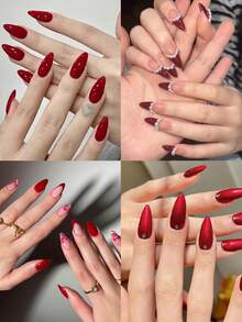 96pcs (4mixed ) Almond Red Tip Press On Nails, Red Cat's Eye French Acrylic Nail Tips Full Cover False Nail Tips Press On Nails ,Contain 1pc Jelly Glue And 1pc Nail File,With Storage Box As For Suitable For Women And Girls Daily Life And Party Use