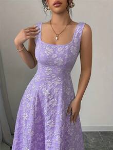 Elegant And Exquisite Jacquard Dress With Wide Straps, Floral Texture, Mid-Length, Slim-Fit, Casual Style For Vacation - Xem 2