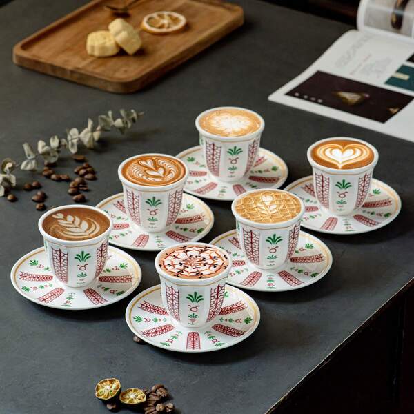 6 Sets (6 Cups + 6 Saucers) Ceramic Espresso Cup And Saucer, Classic Standard Size 100 Ml, Suitable For Saudi Arabia Coffee, Latte, Breakfast Milk And Couple Water Cups, Suitable For Cafe/Hotel Use