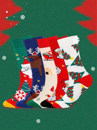 圣诞袜，圣诞老人与驯鹿印花中筒袜，圣诞礼物，秋冬