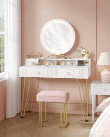 HEXCELEN Dressing Table With Stool And Lighting, Dressing Table With Mirror, 40 * 90 * 140 Cm, Dressing Tables With Drawers, Pink Upholstered Stool, Bedroom, Modern, Matte White And Gold - Phích cắm loại C của EU (220-240V) - Xem 1
