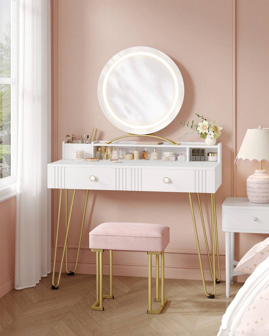 HEXCELEN Dressing Table With Stool And Lighting, Dressing Table With Mirror, 40 * 90 * 140 Cm, Dressing Tables With Drawers, Pink Upholstered Stool, Bedroom, Modern, Matte White And Gold - Phích cắm loại C của EU (220-240V) - Xem 1