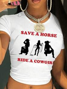 Y2K-Inspired "Save A Horse, Ride A Cowgirl" Graphic Crop Top T-Shirt - Women'S Casual Spring/Summer Short Sleeve Tee With Vintage Western Design, Western T Shirts - trắng - Xem 1
