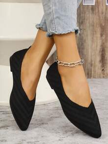 女式平底尖头针织网眼休闲舒适运动鞋 - 黑色 - 查看 3