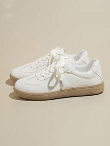 Zapatillas Deportivas Casuales para Mujer con Suela Antideslizante y Plataforma Baja, Tenis Blancos de Punta Redonda Estilo Retro, Zapatos Cómodos e Impermeables para Todas las Estaciones - Blanco - Ver 2