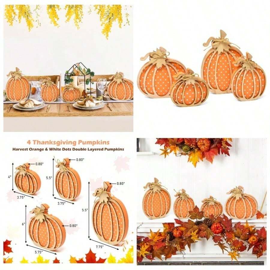 4 Pcs Thanksgiving Pumpkin Wooden Table Decorations Fall Decor Autumn Farmhouse Sign Rustic Tiered Tray Centerpieces Harvest Pumpkins Tabletop Sign