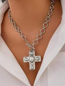 Hammered Bold Cross Necklace Thick Chain Set For Women Men Chunky Golden Silvery Statement Pendant Necklace Vintage Chain Pendant Jewelry - Silver - View 8