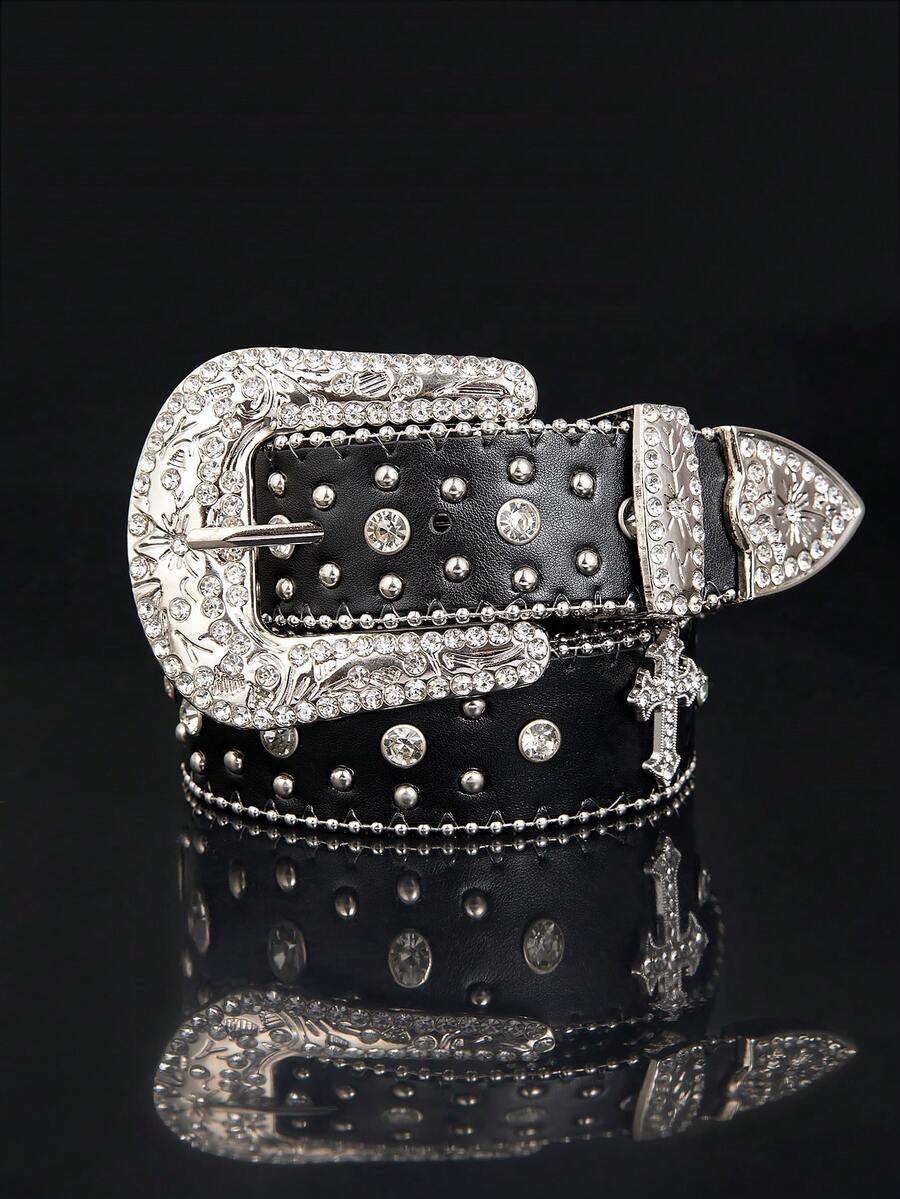 男士水晶十字架镶嵌西部牛仔腰带，闪亮锌合金水晶腰带，街头风格，适合所有季节（万圣节/夏季/秋季校园/晚秋/万圣节秋季/冬季配饰），适合青少年、年轻男士，休闲户外运动、假日、毕业典礼、生日、日常穿着，复古风秋装/都市穿搭，经典圣诞冬季时尚日常男士男友礼物