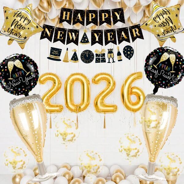 12pcs New Year Happy Balloon Set, Includes 3-Layer Happy New Year Banner, Gold Confetti Latex Balloons, Pentagram And Round Balloons, Suitable For New Year Party Decoration, Birthday Party, 2026 New Year Happy Party Decor, New Year Atmosphere Photography Props, Bar Decoration