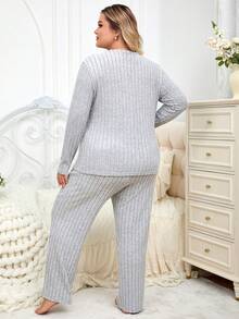 Plus Size Solid Color Rib Knit Women Loungewear Set, Popular Autumn/Winter Home Wear