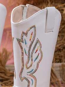 Girls' Comfortable & Fashionable Embroidered Sequin Splice Outdoor Casual High Heel Boots With Side Zipper - White - View 10