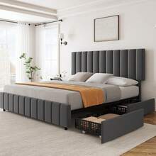 Cama Matrimonial con 4 Cajones de Almacenaje, Cabecera Ajustable en Altura, Base Tapizada en Lino, Sin Necesidad de Somier, Montaje Fácil, Gris - Gris - Ver 1