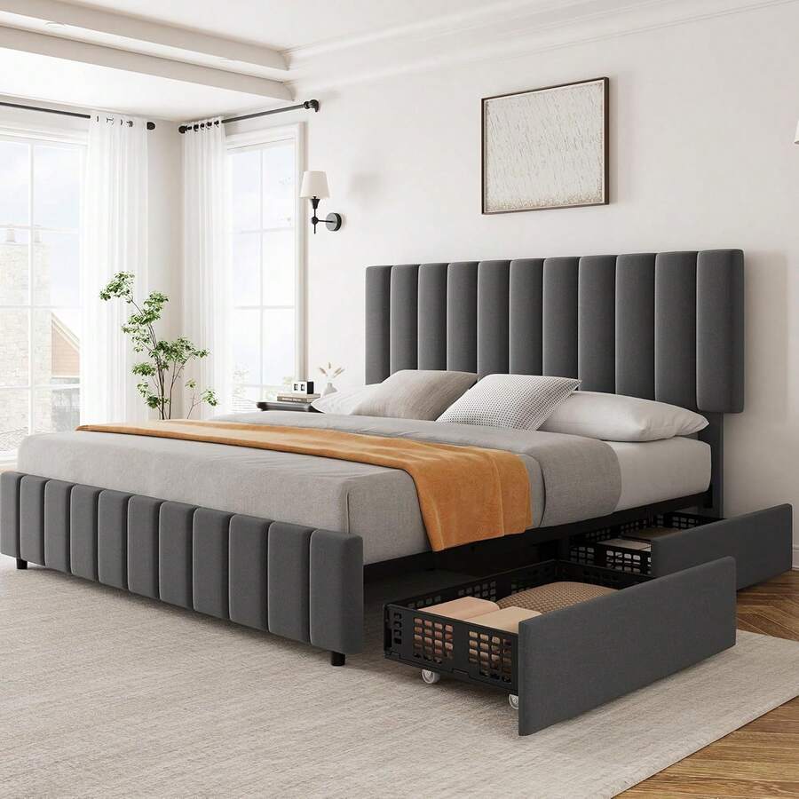 Cama Matrimonial con 4 Cajones de Almacenaje, Cabecera Ajustable en Altura, Base Tapizada en Lino, Sin Necesidad de Somier, Montaje Fácil, Gris - Gris - Ver 1